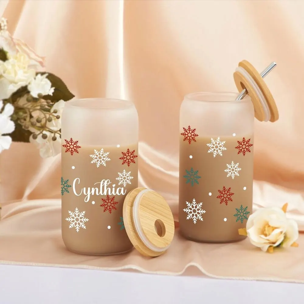 2026 New Snowflake Glass Can Cup Custom Name Iced Coffee Tumbler with Bamboo Lid and Straw, Christmas Holiday Drink Gift view 6