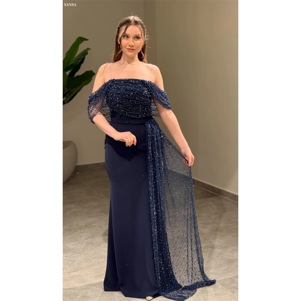 

Sansa Customized Navy Mermaid Beading Side Train Zip Prom Dress Off Shoulder Elegant Vestidos De Noche Floor-Length Formal Gown