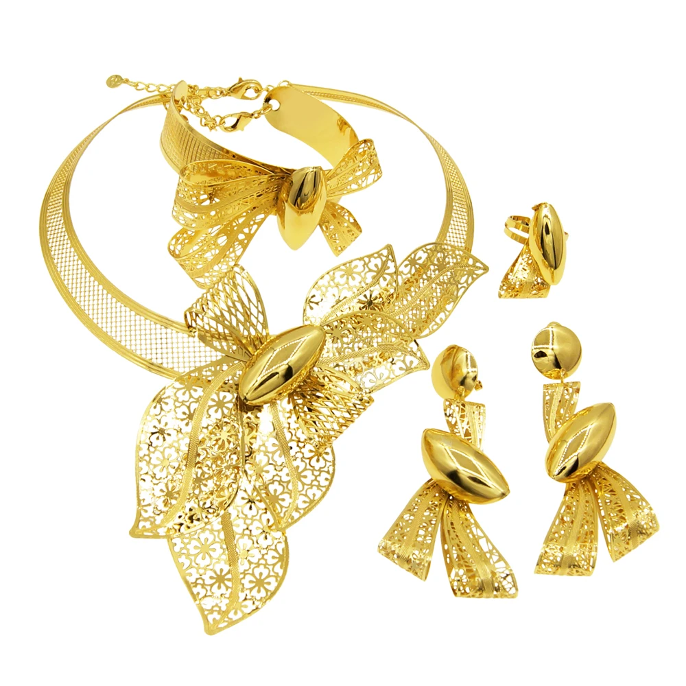 Necklace For Women Dubai Gold Tone Jewelry Set Plated  24K Original Earrings Rings Bracelets Wedding Gifts Nigeria Jewelry Sets