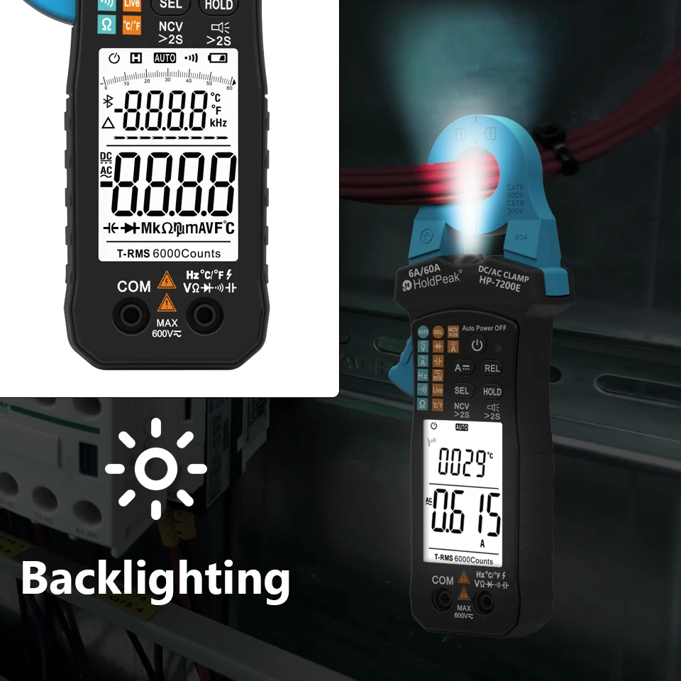 HOLDPEAK HP-7200E DC/AC Digital Clamp Meter,True-RMS Auto-Range,6000 Counts LCD Display, NCV ,Capacitance & Frequency Diode Test