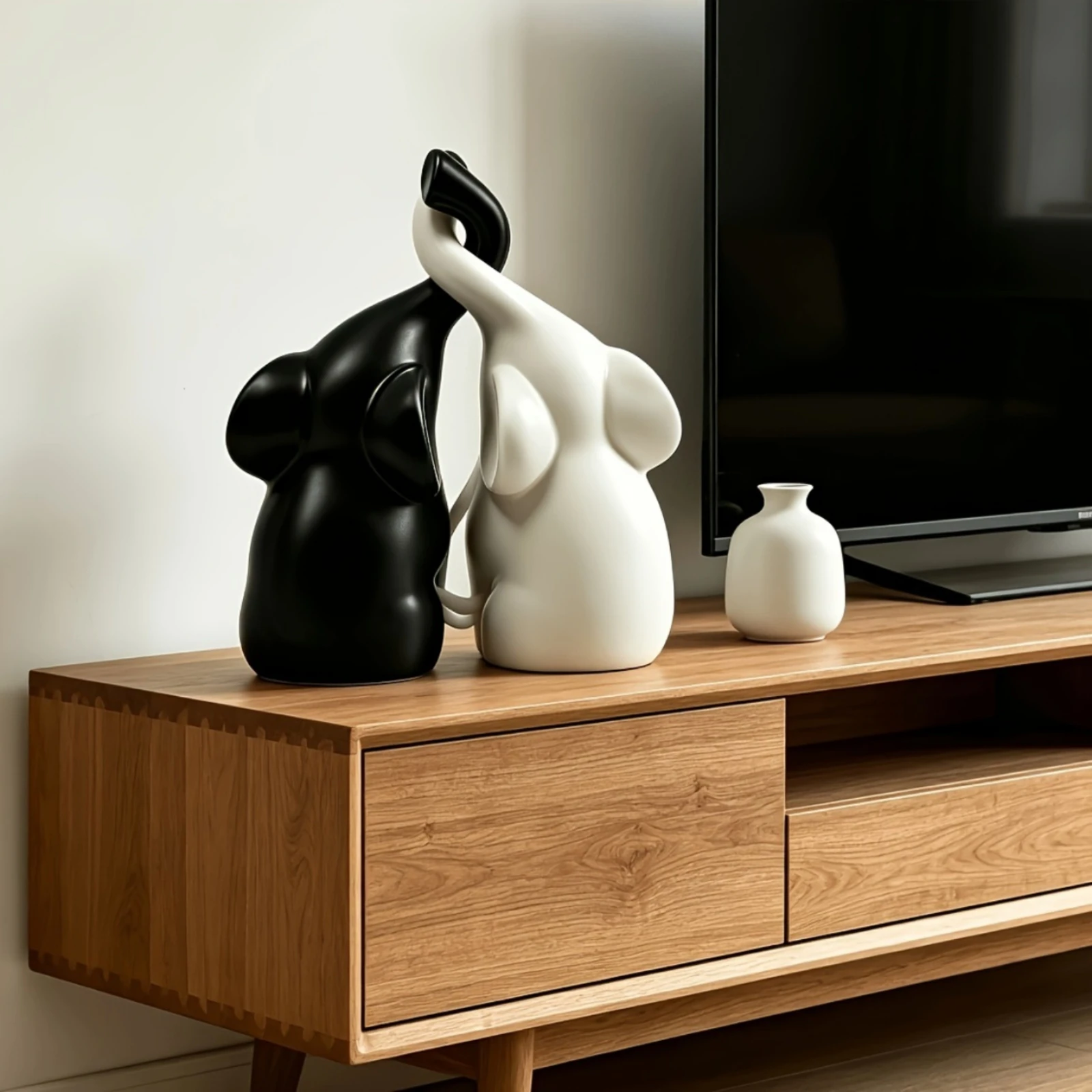 Intertwined Elephant Statue Set of 2 Loving Elephant Statue Black and White Couple Figurine
