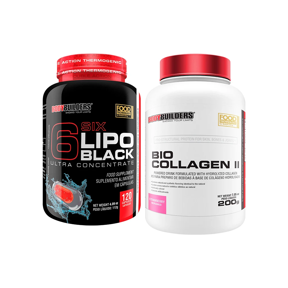 Kit 6 Six Lipo Black 120 Cápsulas + Bio Collagen II 200g Sabor Morango - Bodybuilders