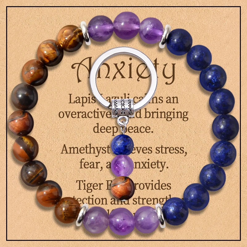 

3pcs/set Stress Relief Jewelry Set For Women, Lapis Lazuli Amethyst Keychain, Worry Eliminator Bracelet,Good Friend Gift