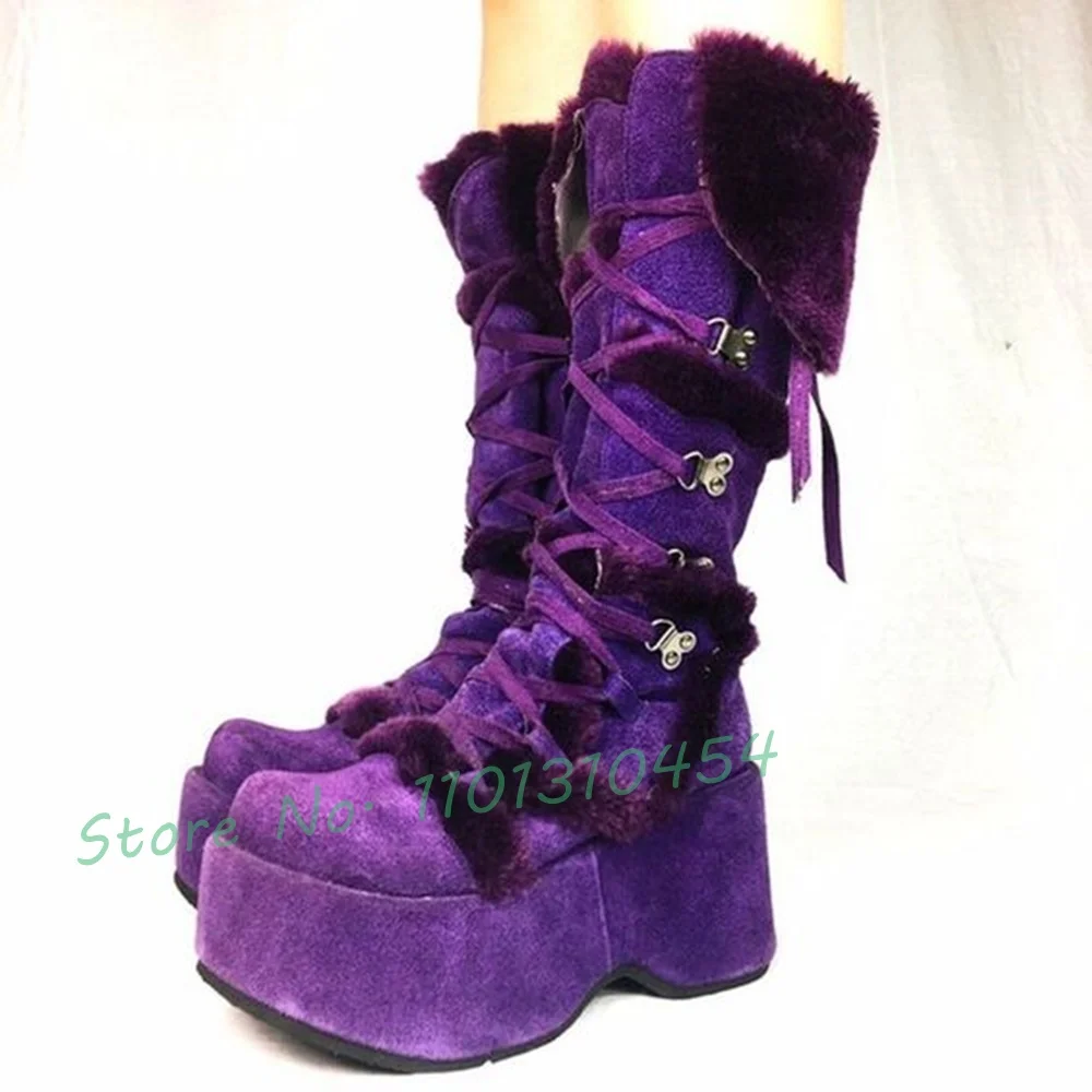 Purple Fur Platform Boots Women Round Tip Lace-up Fluff New In Knee High Boots Dark Style Ladies Warm Winter Cotton Snow Shoes