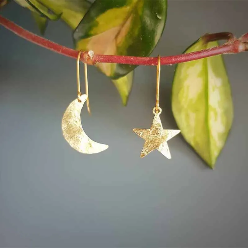 

Gold Moon and Star Beaten Brass, Hammered Mismatched Brass Earrings,Bridal,Ready to Gift.