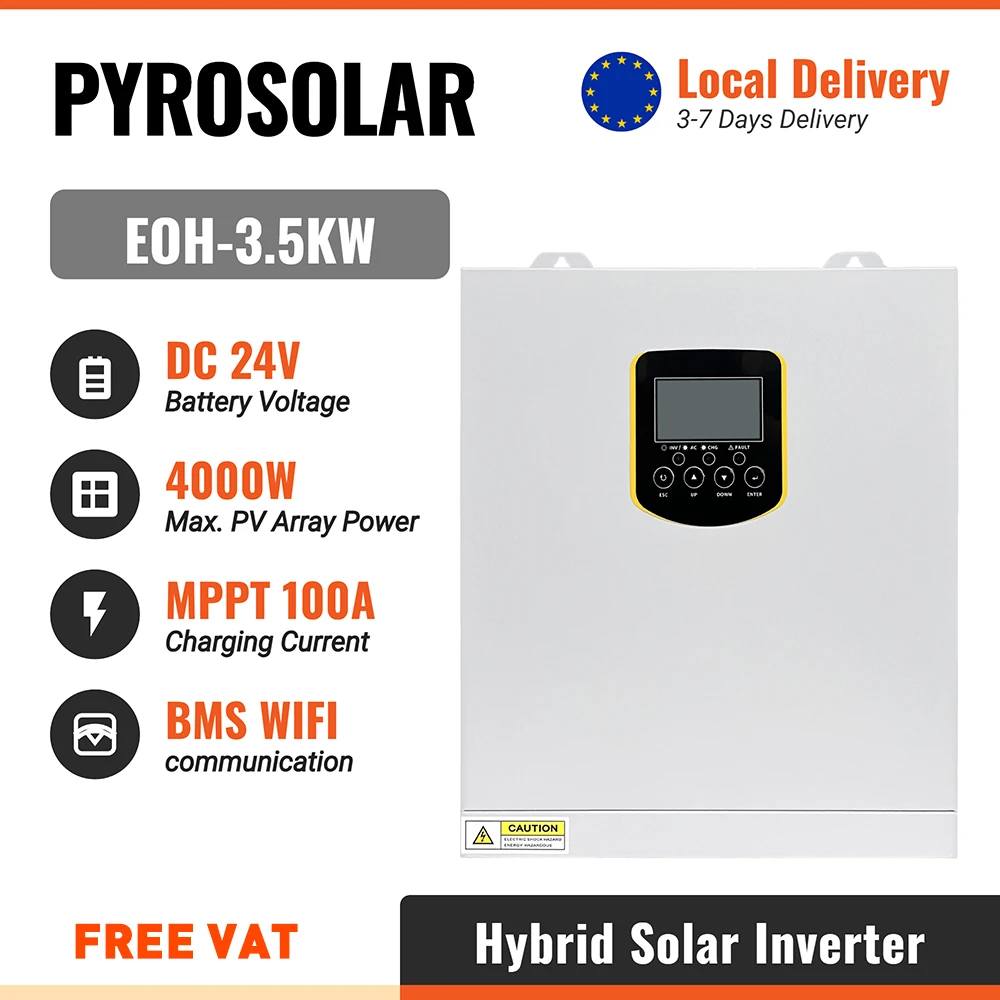 PYROSOLAR 3.5KW 3500W Inverter Solare Ibrido 24V 230Vac a Onda Sinusoidale Pura, Inverter Off-Grid con Regolatore di Carica Solare MPPT Integrato per Batterie al Litio, Sistema Solare Domestico