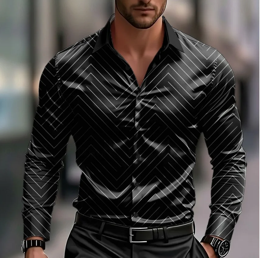 

Men's geometric pattern line shirt, suit shirt, long sleeved business casual vacation daily wear, summer autumn two seasons, lap