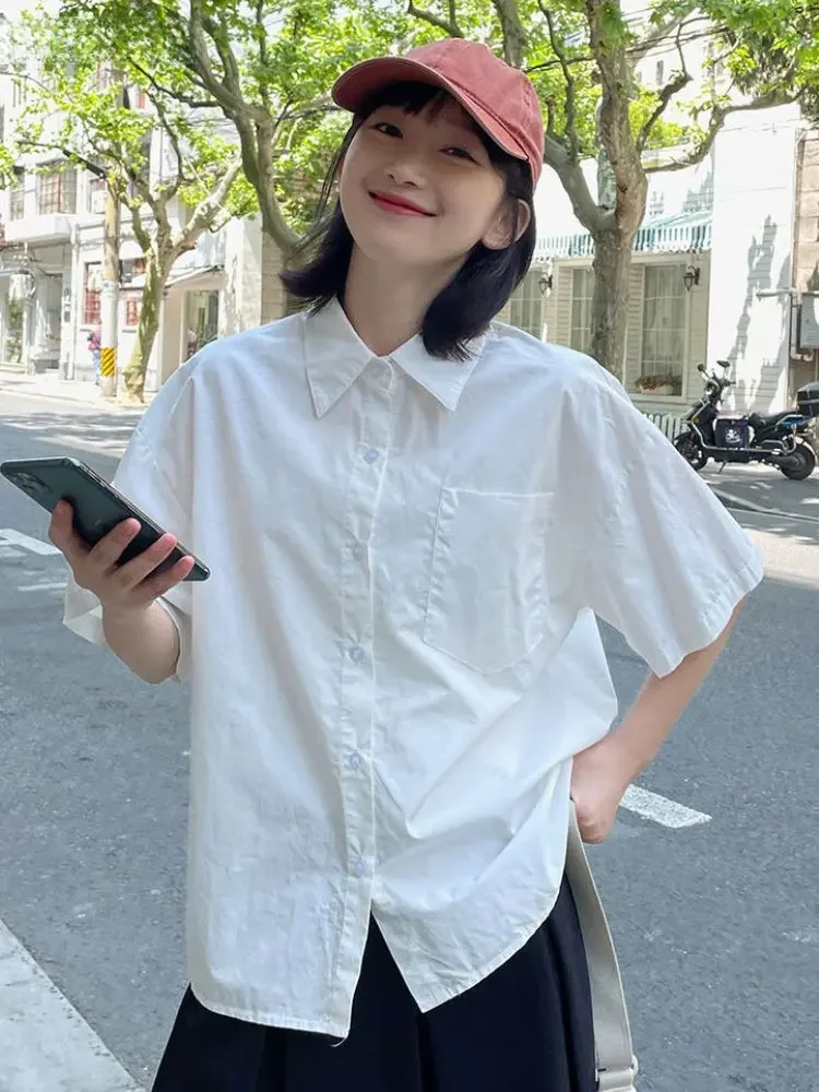 Koszule damskie solidne, dopasowane na co dzień, letnie damskie Temperament Unisex Ins Fashion Ulzzang klasyczny koreański styl Vintage Basic Chic — zdjęcie 2