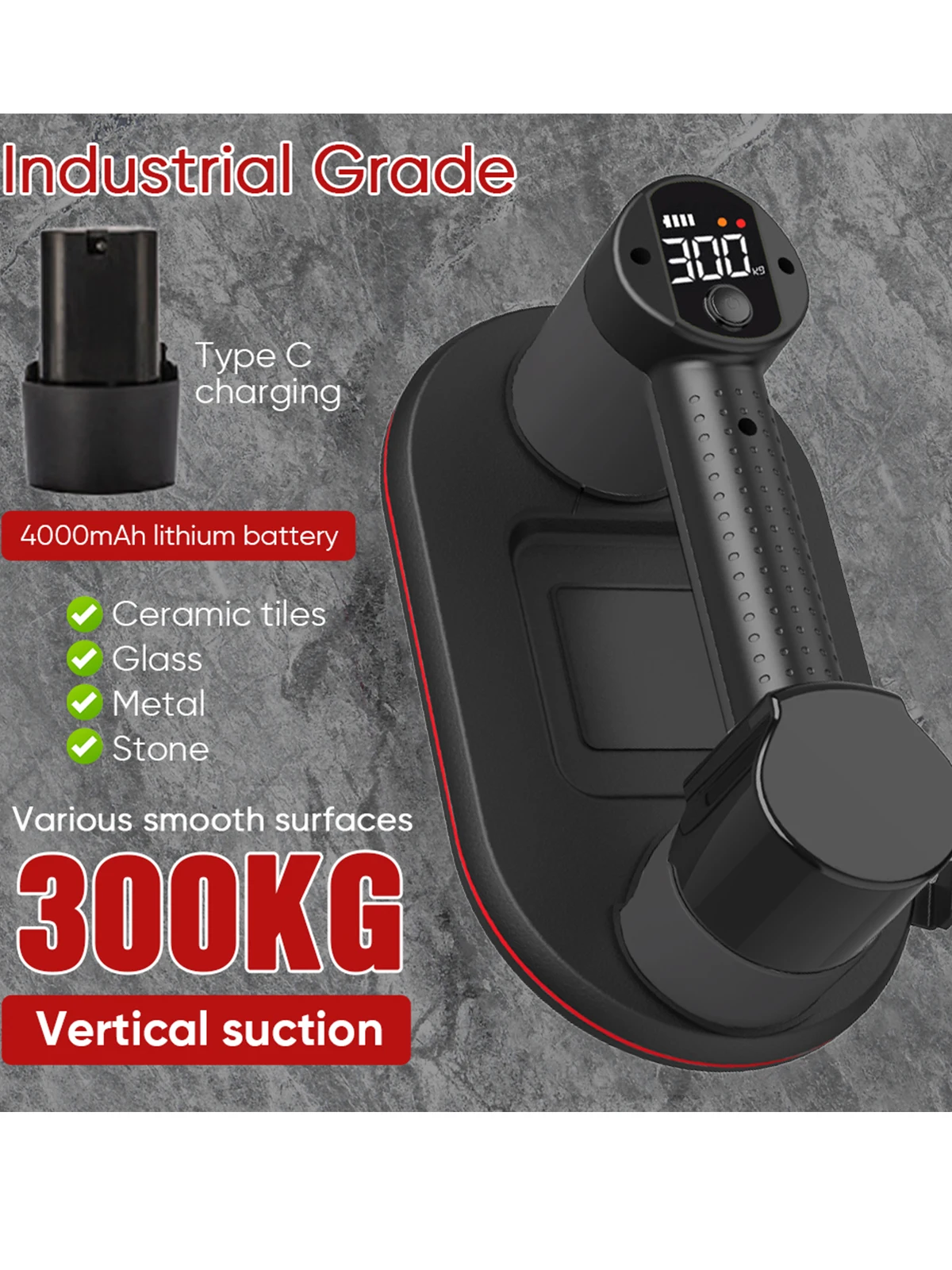 Ventouse sous vide électrique de qualité industrielle, affichage Intelligent, charge de 300KG, lève-verre robuste pour carrelage en granit, batterie 4000mAh