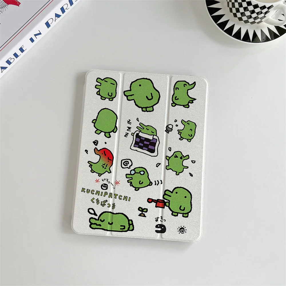 Cute Green Kuchipatchi Tamagotchi Print iPad Case Tri-fold Cover For 2024 iPad 11