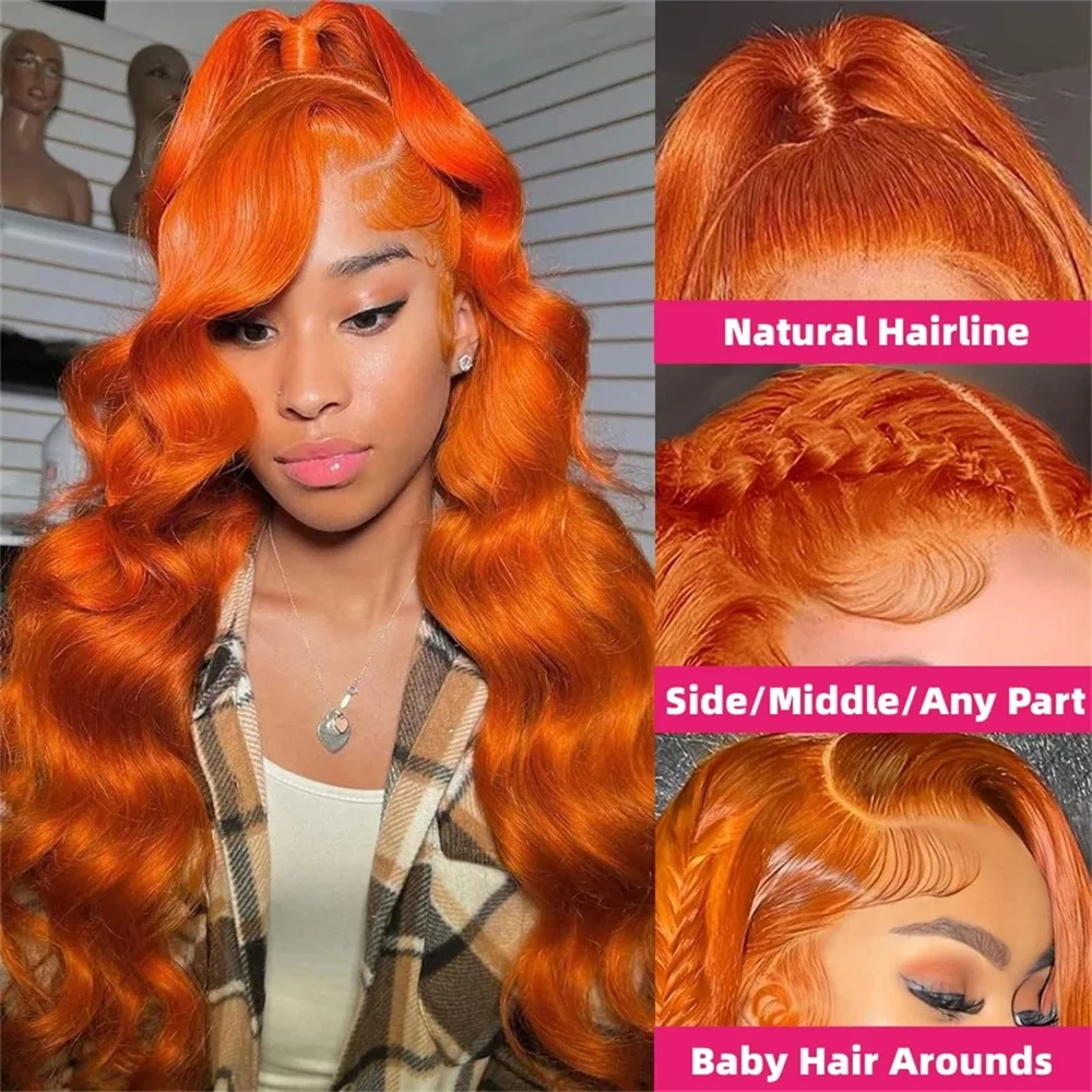 Pelucas de cabello humano con encaje Frontal para mujer, pelo postizo de encaje Frontal 13x6 HD, color naranja jengibre, transparente, densidad de