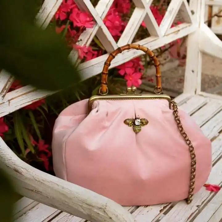 

LOST IN VINTAGE 1950's​ Velvet Purse Soild Blush Pink Bags Bamboo Handle Purse Kiss Lock Clutch Bags