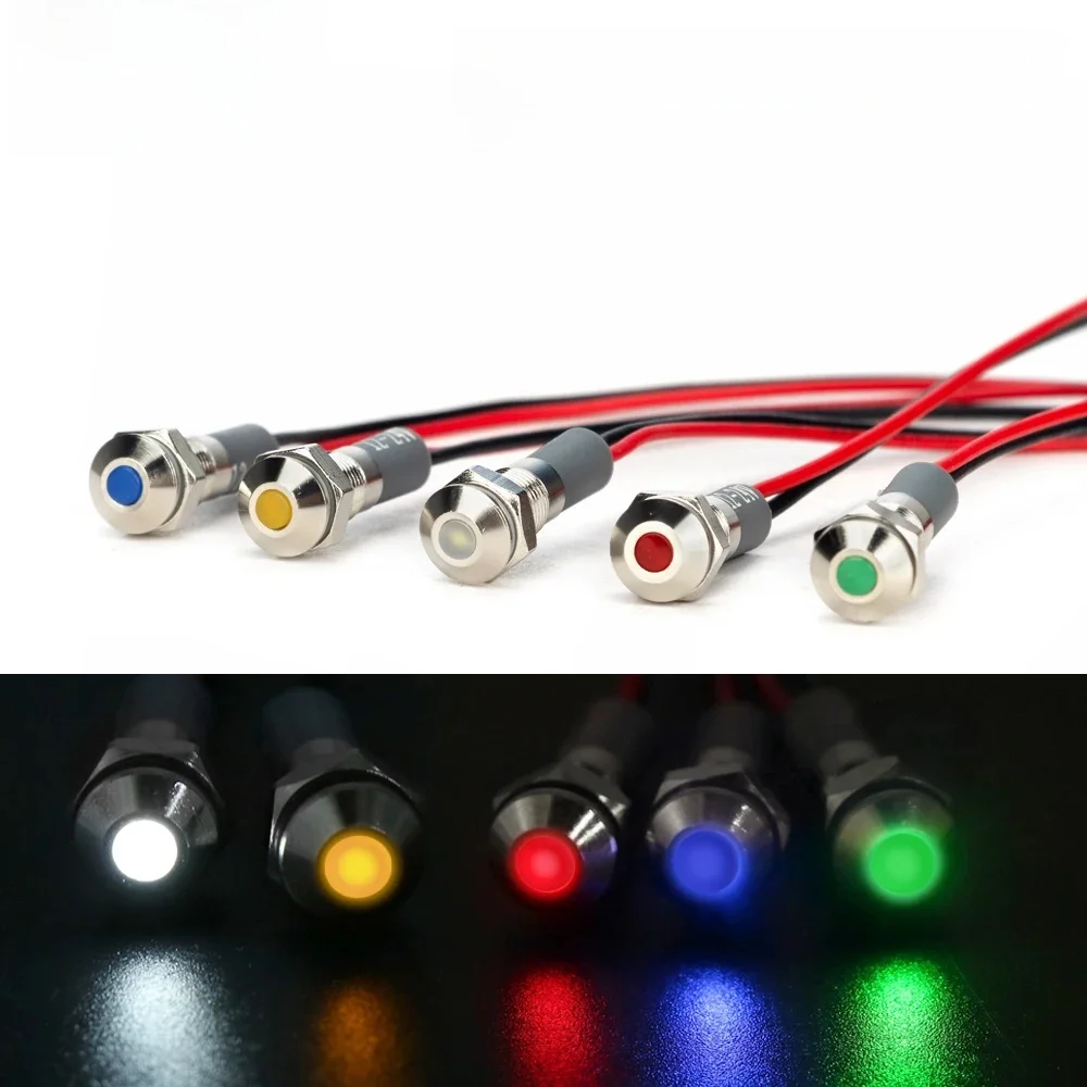 6mm metalowy wskaźnik ostrzegawczy LED wodoodporny IP65 lampka sygnalizacyjna przewody pilotne przełącznik 5/12/24/220V czerwony zielony niebieski biały żółty — zdjęcie 2