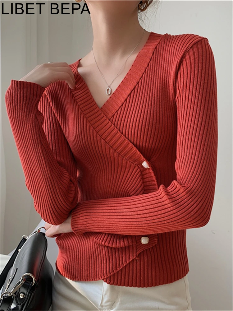 New 2022 Chic Irregular Vintage Korean Fashion Pullovers Knitwear Elegant Lady Wild Women's Autumn Winter Sweaters Tops SW166