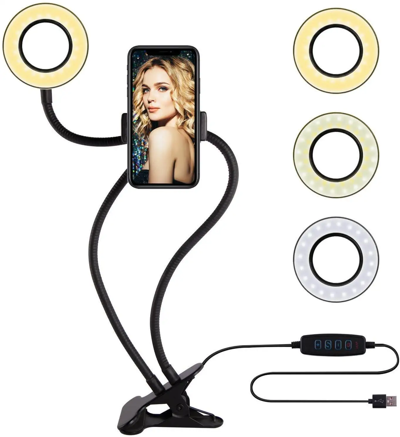 Solagua clamp light hoop (9 or 16cm), Streaming Kit with 3 types of Led light, 360 ° portable rotating light hoop, USB connectivity and adjustable tripod, ideal for makeup, Vblogs, Streamings and office