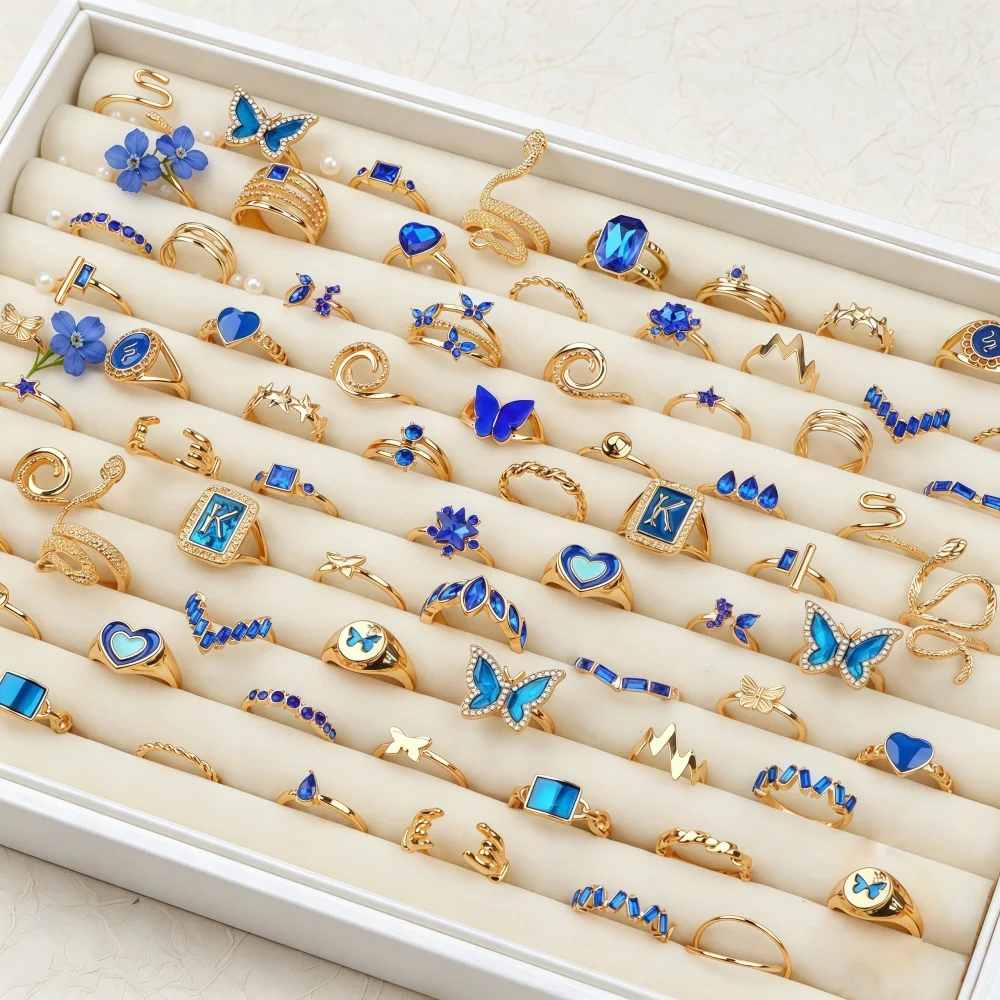 10/20/30/50Pcs/Lot Trendy Exquisite Blue Rings For Women Mix Design Luxury Elegant Butterfly Snake Finger Ring Jewelry Wholesale
