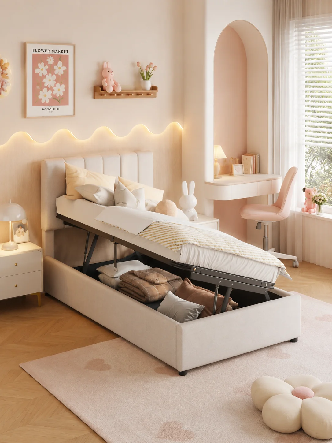 Kinderbett Polsterbett 90x200 cm, Einzelbett Jugendbett Boxspringbett mit Stauraum und Verstellbares Kopfteil, hydraulisches Stauraumbett Bettgestell mit Lattenrost, ohne Matratze