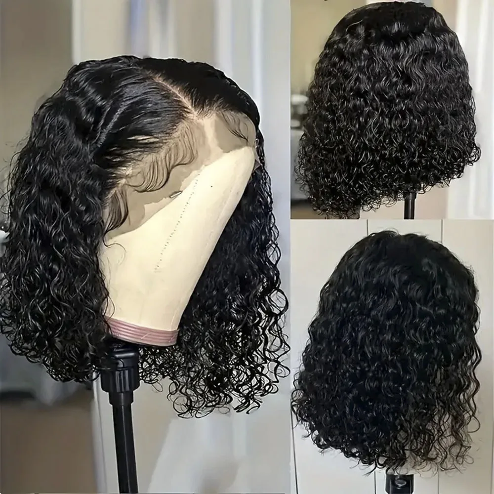 

Short Curly Bob Wig Side T Part Deep Water Wave Transparent Lace Front Human Hair Wig Remy 13x4 Lace Frontal Wigs for Women