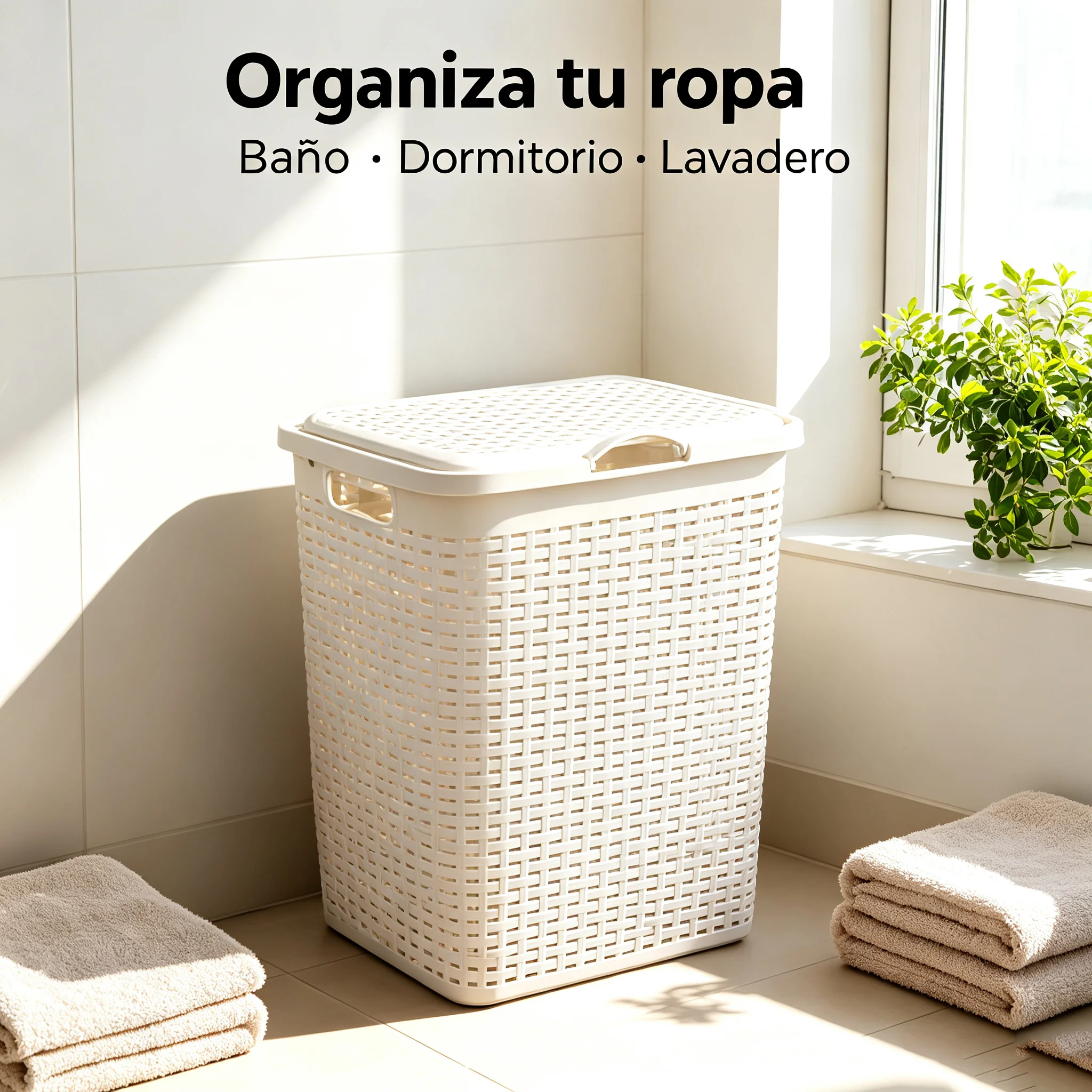 Panier à linge en plastique effet osier, panier de rangement avec couvercle et poignées latérales, boîte de rangement pour salle de bain, buanderie et chambre à coucher