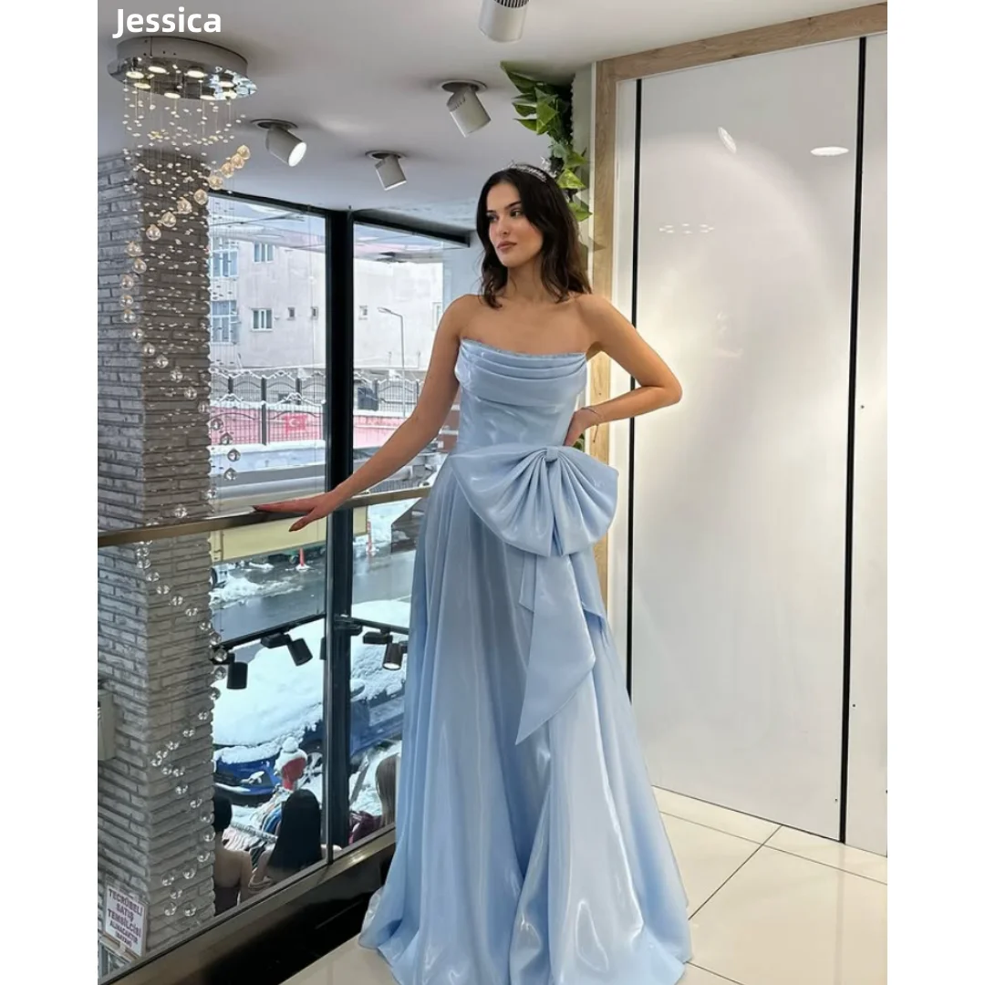 

Jessica Sky Blue Evening Dresses Pleated Handmade Bow Prom Dresses A-line Off-shoulder Wedding Party Dresses Customized