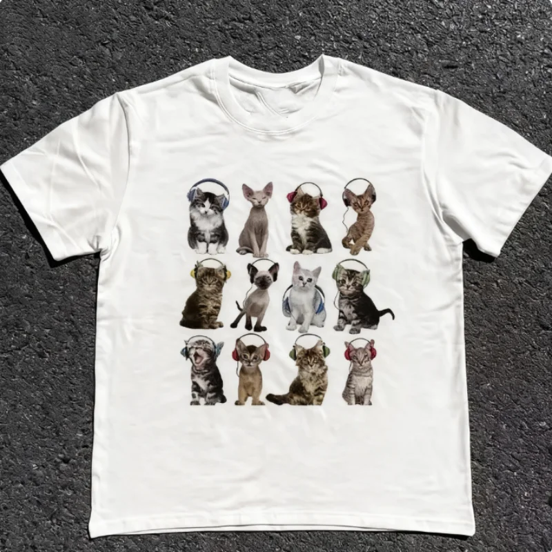 

100% Cotton Cats HeadPhone T-Shirt Unisex Vintage Graphic Tees Gothic Grunge Y2k Emo Scene Amity Affliction Style Clothes