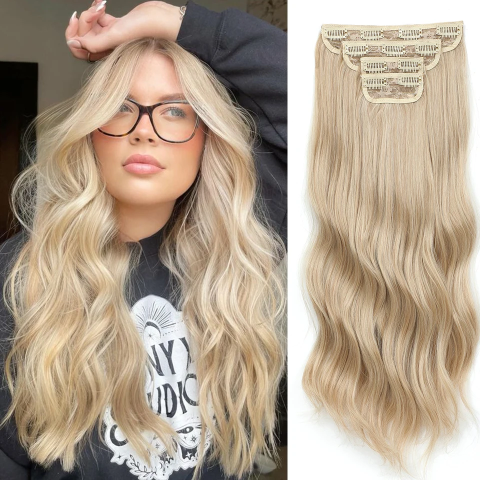 

Blonde Bio Synthetic Wavy Ombre Clip In Hair Extensions 4Pcs/lot Matte Soft Natural Heat Resistant Fiber Hair Pieces For Women