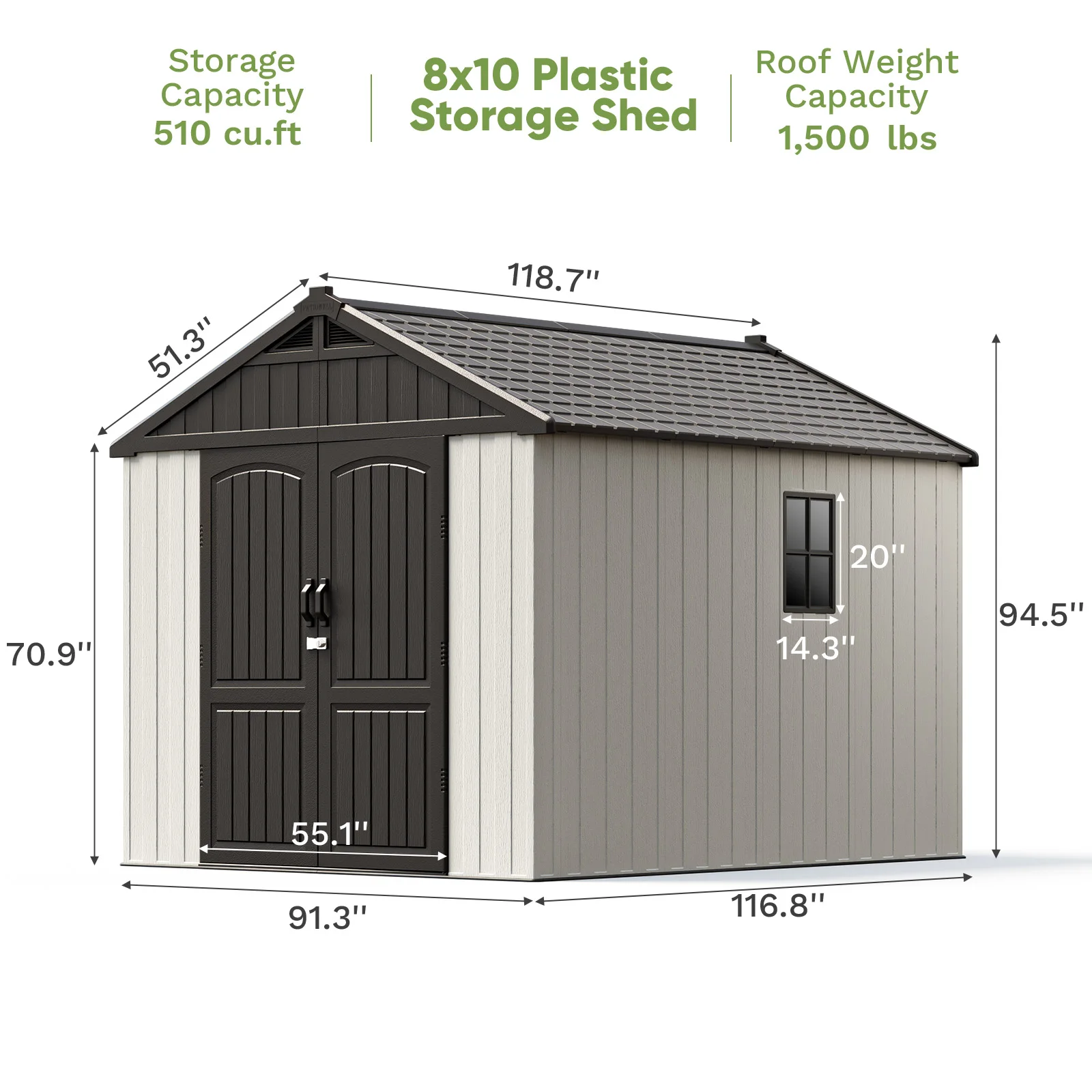 Capannone da esterno in plastica da 8 'X 10' con pavimento, capannone Kit con finestra e porta bloccabile per giardino