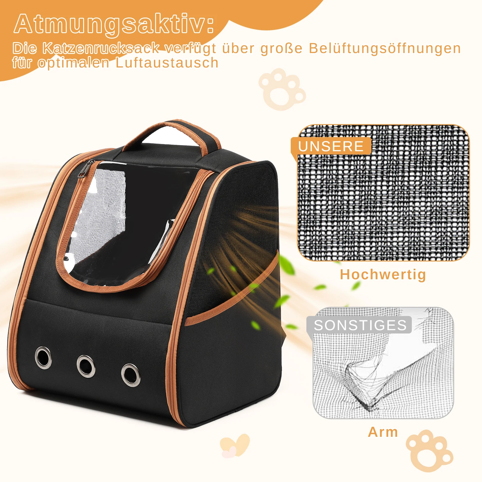 Good Nite Katzenrucksack, Atmungsaktive Haustier‑Tragtasche mit Kissen, Faltbarer Katzenrucksack mit Trolley‑Gurten & Seitentaschen, 32×28×36 cm, 0,67 kg