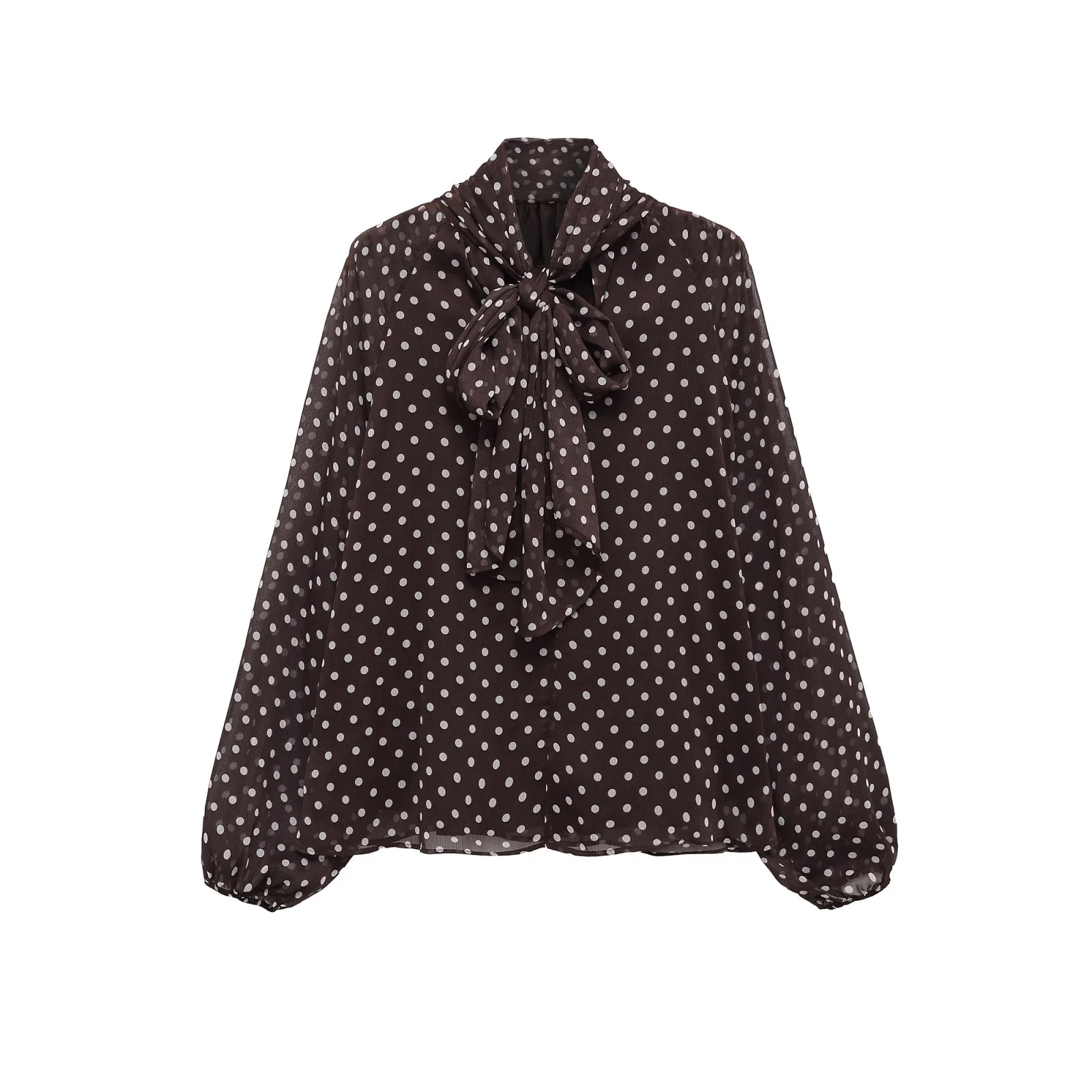 

Women Bow Neckline Polka Dot Pattern Thin Light Chic Shirt Female Fashion Casual Long Sleeves Loose Translucent Shirt Top