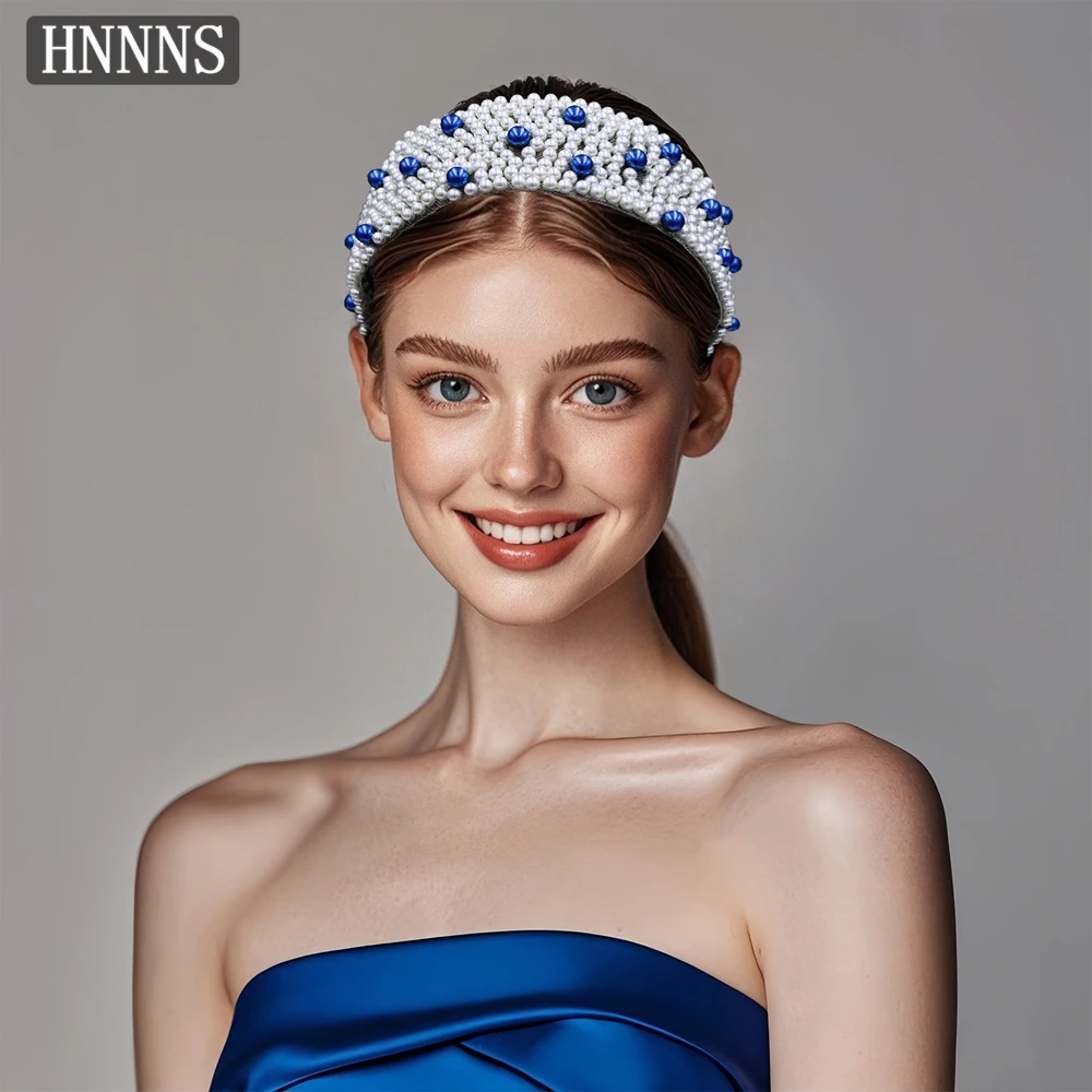 

HNNNS Blue Pearl Hair Accessories Luxury Full Pearls Headdress Handmade Mesh Wide Headwear Holiday Party Headpiece A206