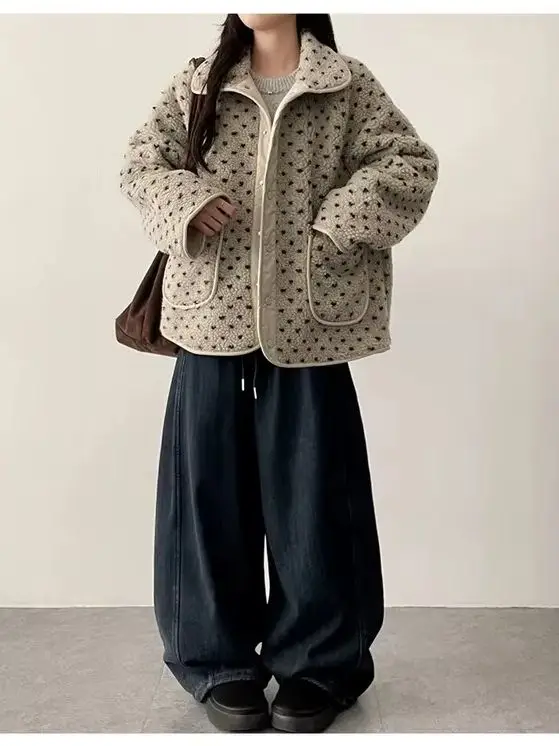 3 farben Herbst Winter Koreanische Chic Stil Woolen Jacke frauen Casual Lose Lamm Pelz Koreanischen Stil Floral Warme Mantel weibliche (hf7416)