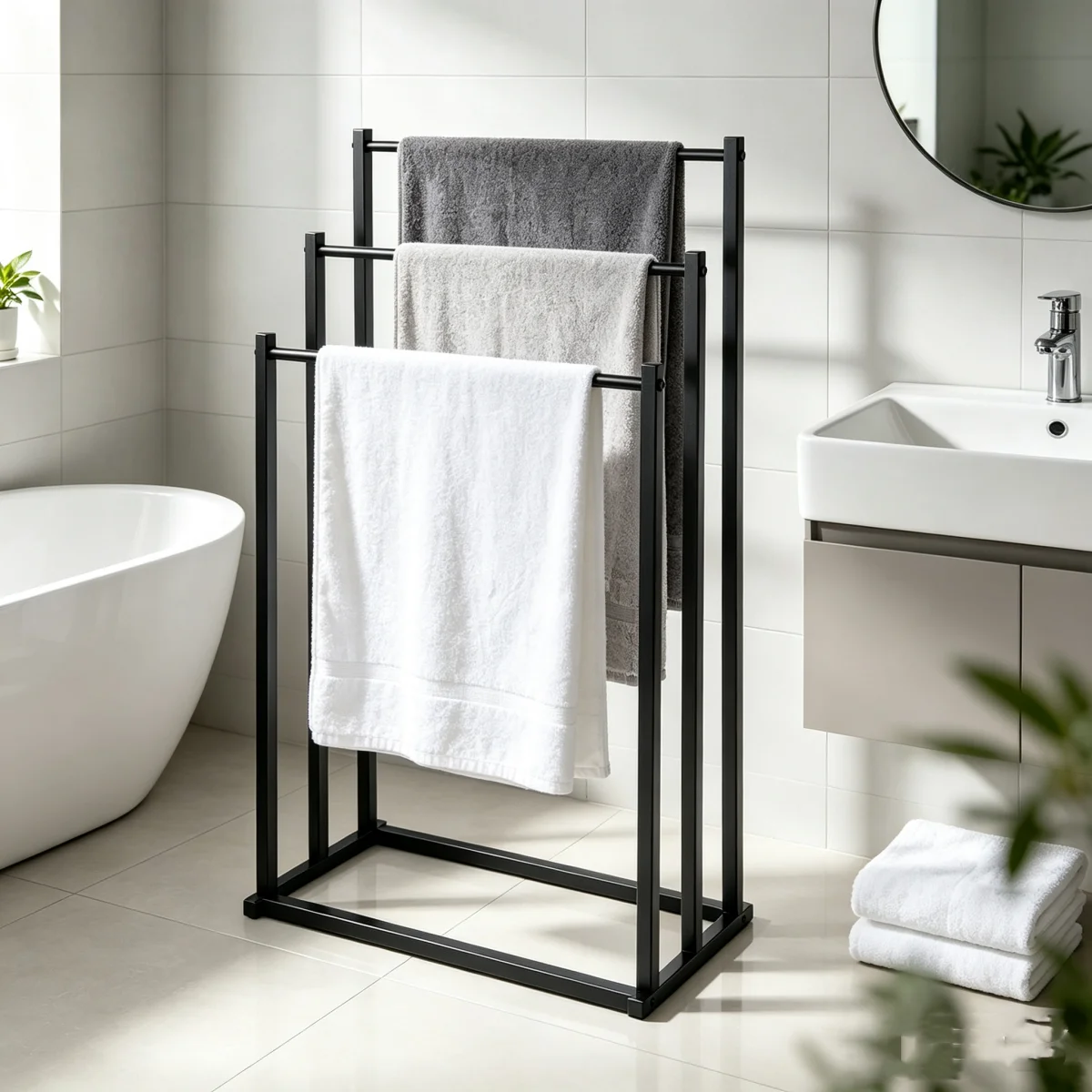 Portasciugamani a 3 livelli, da posizionare a terra, stile lussuoso e moderno, scaffale per la casa, organizer semplice per la vasca da bagno, portasciugamani in metallo, stendiscopate,