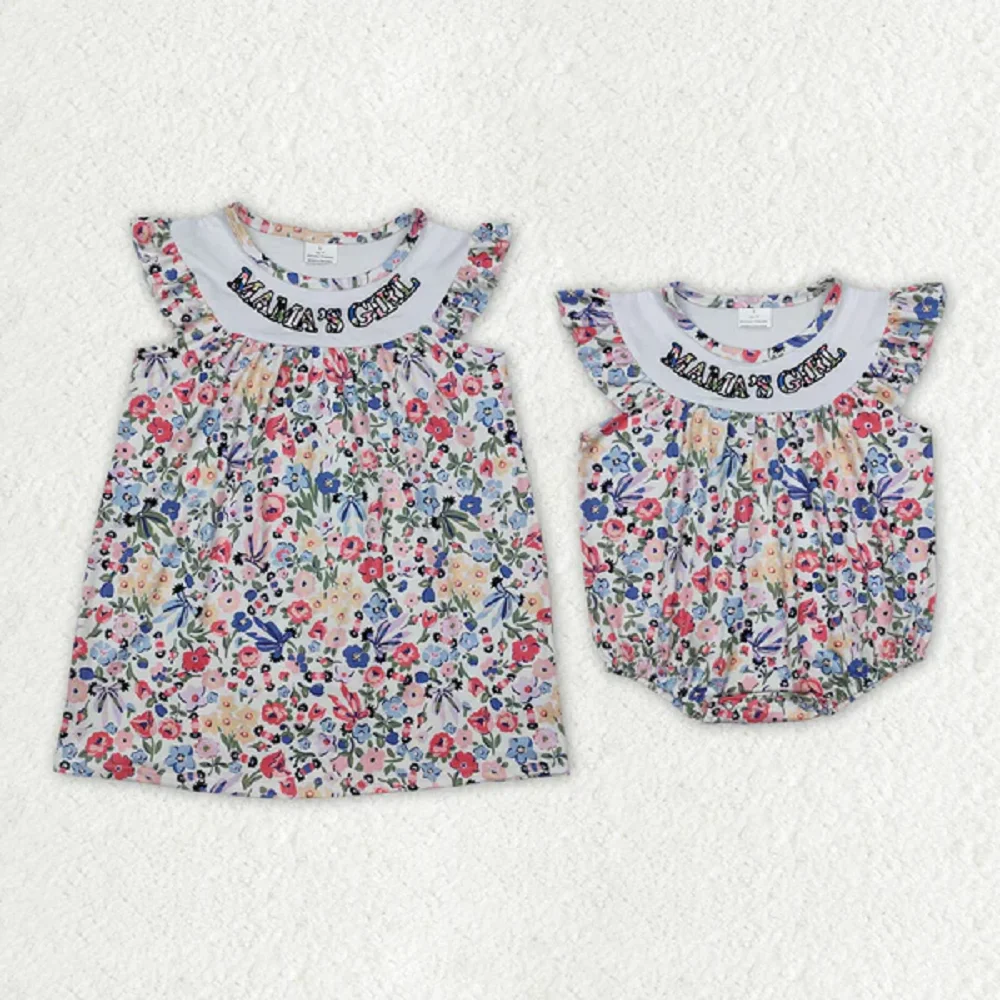 

New Fashion Sibling Baby Girls Mama's Girl Blue Flowers Rompers Dresses Suits Wholesale Boutique Children Clothes RTS