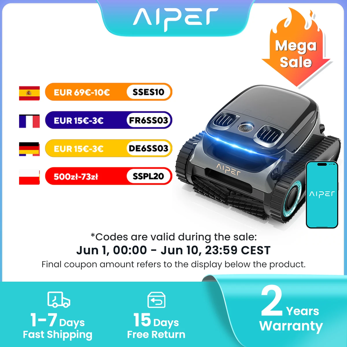Nettoyeur de piscine robotisé sans fil Aiper Scuba S1 Pro remis à neuf, batterie 180 min, nettoyage horizontal de la ligne d'eau, navigation intelligente, aspiration 6000 GPH, idéal pour les grandes