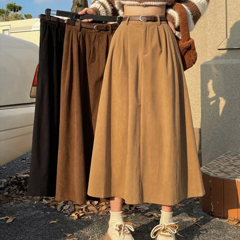 Women High Waist Pleated Long Skirt Solid Color Vintage Corduroy A-Line Skirt 2024 Autumn College Style All Match Midi Skirt