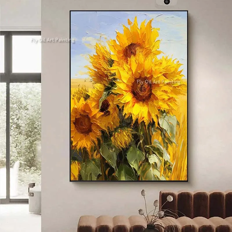 Modern Design Hand Drawn Yellow Green Sunflowers Canvas Thick Oil Painting For Hotel Decor Popular Florals Field Home Wall Art