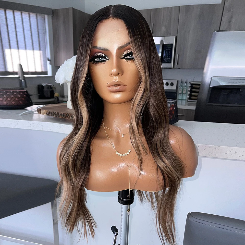 Perruque Full Lace Wig naturelle à reflets bruns, cheveux bruts, 13x6 pouces, sans colle, HD, densité 100%, légèrement ondulée, 26 pouces