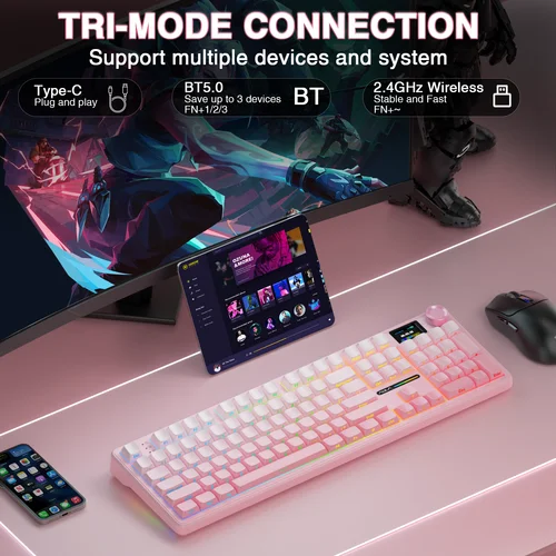 Imagen 2 del producto AULA F108 pro teclado inalámbrico Bluetooth Macro teclado para juegos junta teclado de tamaño completo de intercambio en caliente con pantalla inteligente TFT