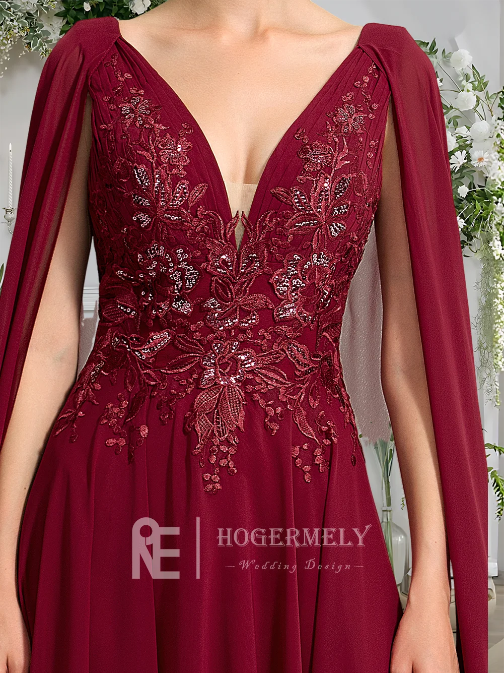 イブニングドレス バーガンディ A ライン V ネック レース シフォン プロムドレス スパンコール付き エレガントな女性のフォーマル ウェディング パーティー ドレス 2025 夏