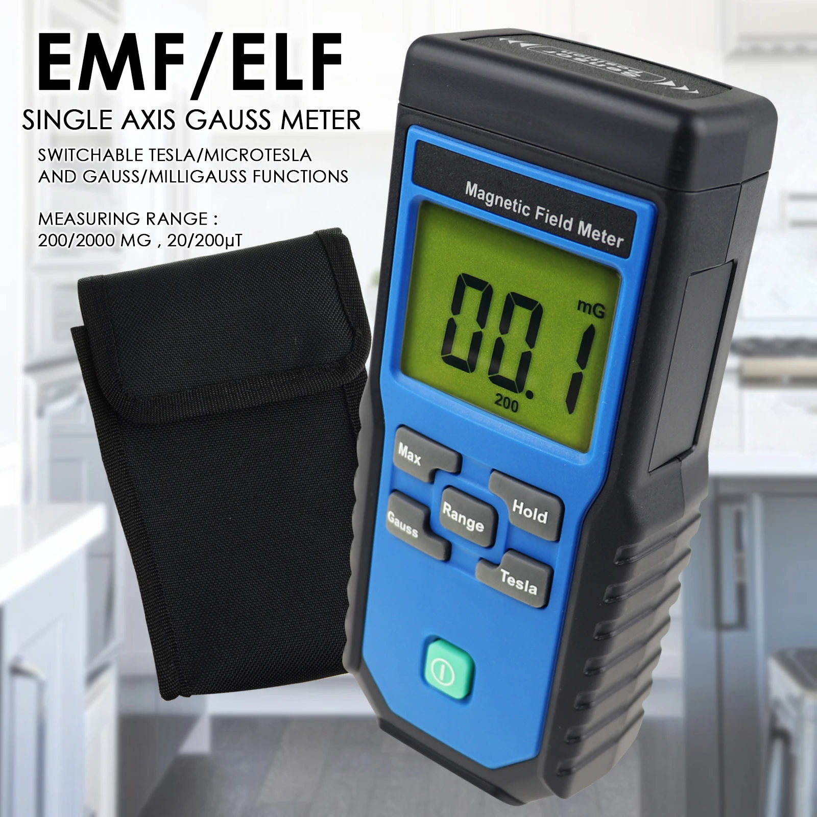 Digital EMF ELF Gauss Meter Detector Electromagnetic Field 200/2000 mG , 20/200uT for Power Lines, Computers, Air Conditioner