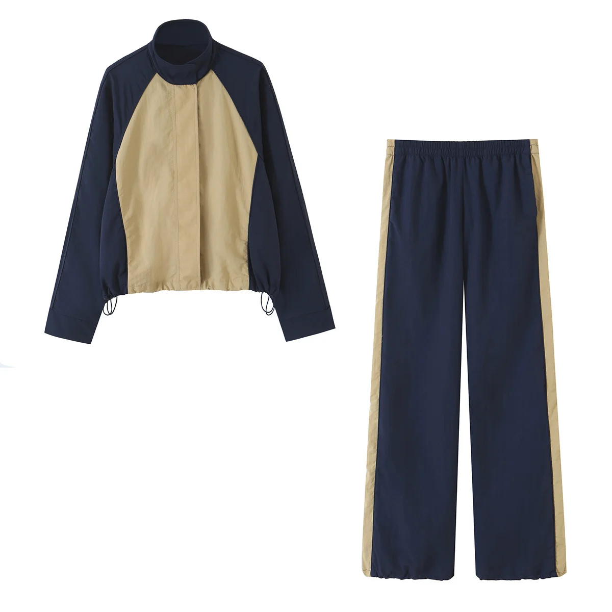 HH Casual Dames Patchwork Nylon Trainingspak Lente Herfst Hoge Hals Trekkoord Taille Losse Jas+Broek met zijstrepen