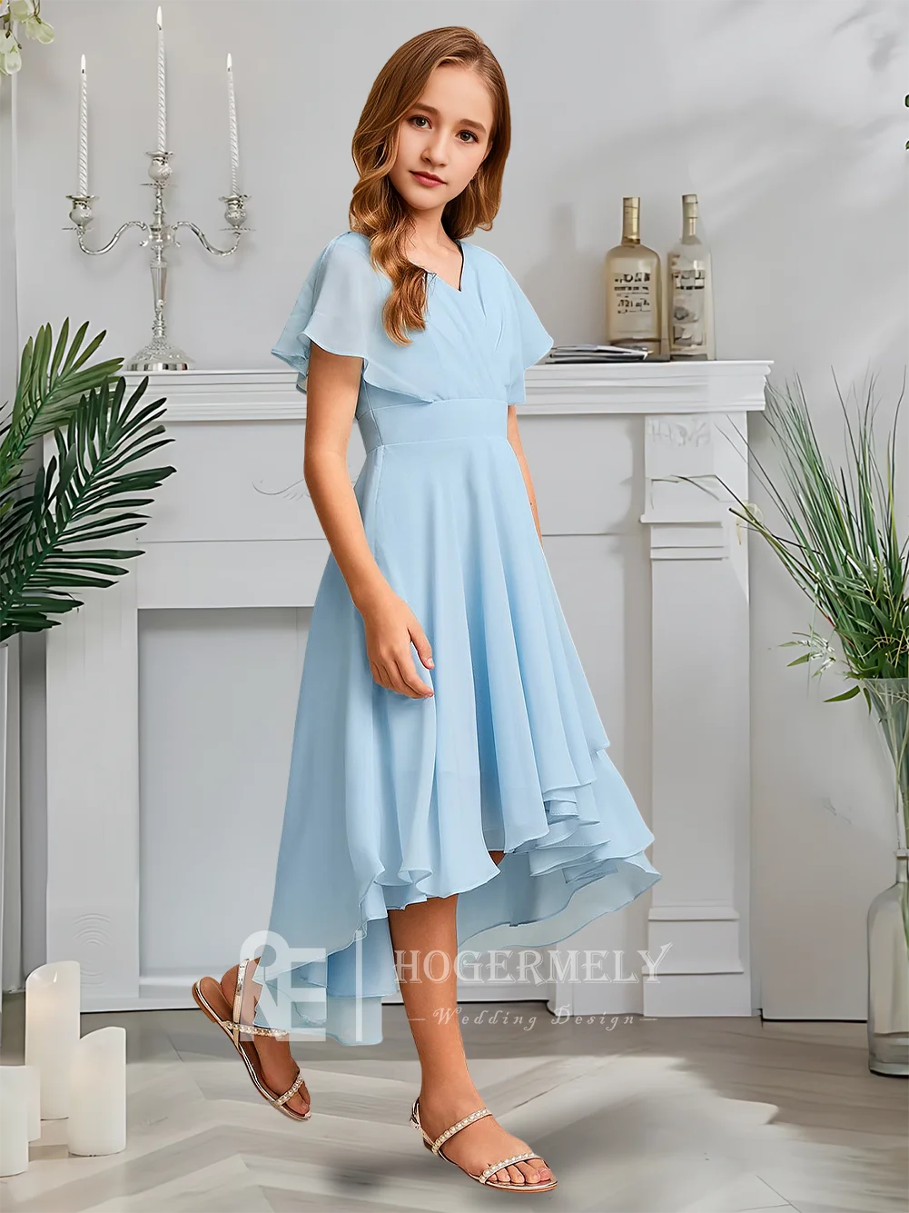 Um luxuoso vestido de dama de honra júnior com decote em v crianças azul flor menina vestido assimétrico chiffon a linha primavera soiree casamento