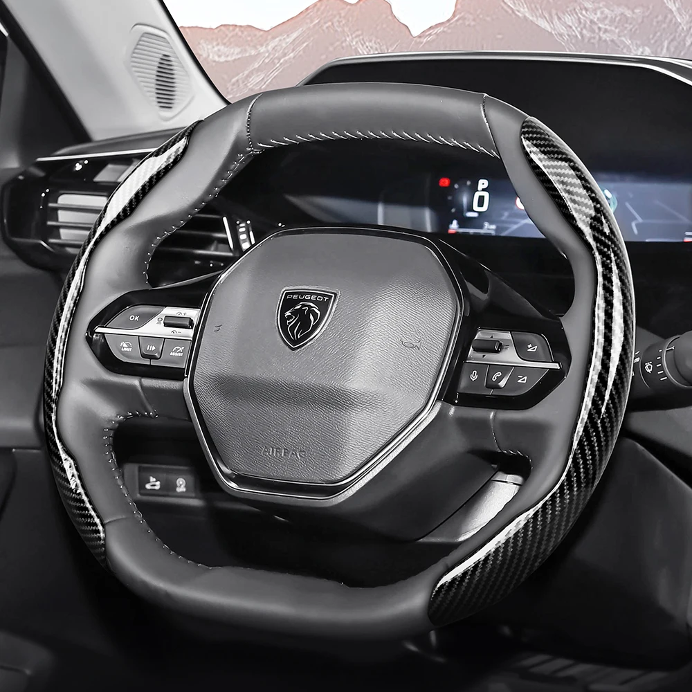 Suitable for Peugeot Sporty Glossy Carbon Fiber Texture Steering Wheel Cover with Snap-On Design for 208 E-208 2008 E-2008 3008 E-3008 Partner Rifter 308 E-308 408 408X 5008 Car Interior Accessories Protective Shell