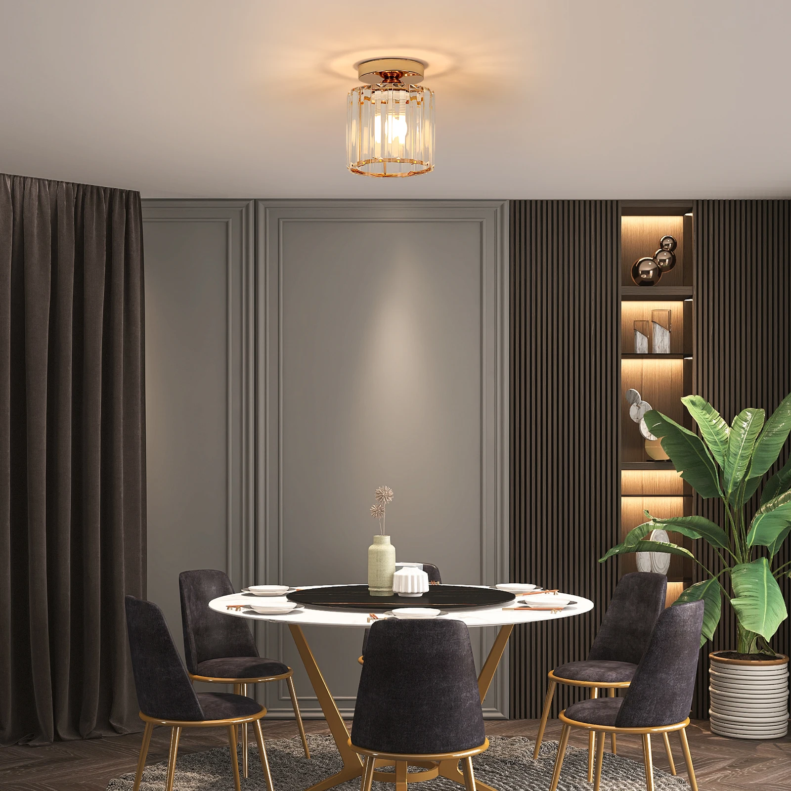 مصباح سقف كريستالي، ذهبي، تركيبات إضاءة سقف مثبتة على السطح من الكروم لمقبس لمبة الردهة E27 (اللمبة غير متضمنة) #5