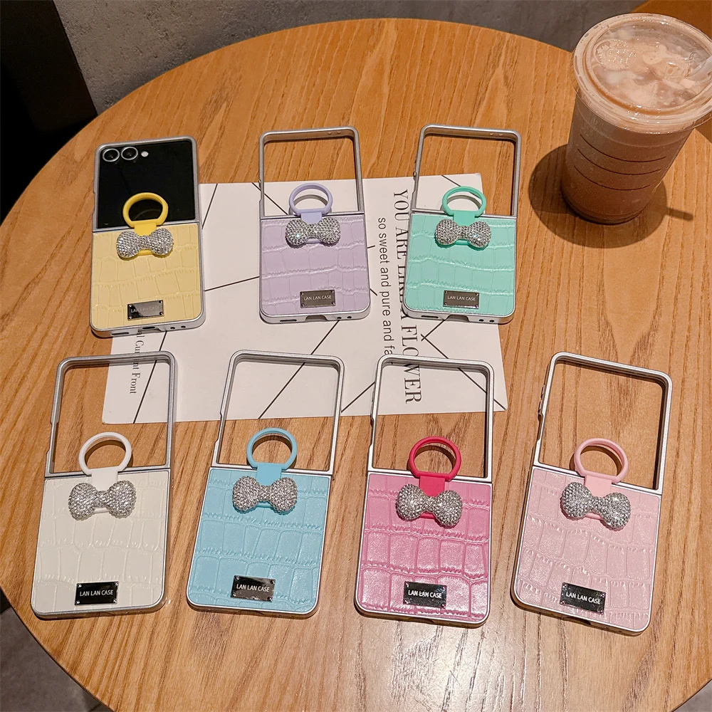 Stylish Leather Luxury 3D Diamond Bow Phone Case for Samsung Galaxy Z Flip8 7 6 5 Flip5 6 7fe Flip 7 6 Flip 6 Cover With Ring Ca