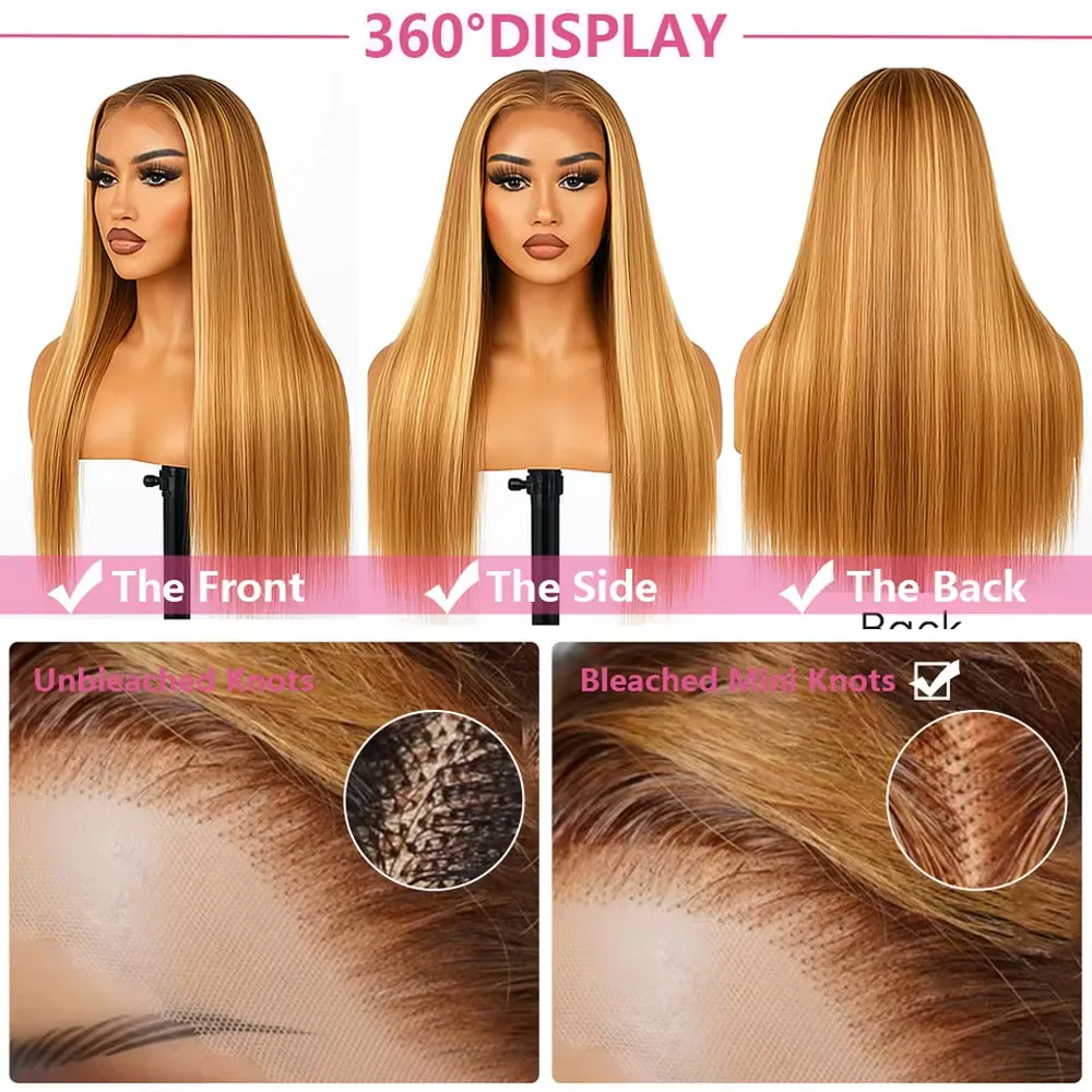 Brazilian Human Hair Bone Straight Colored Wig - 13x4 Lace Frontal 30 Inch P4/27 Ombre Brown Highlight Honey Blonde Wig