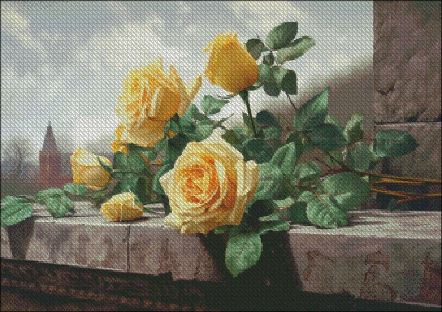 Embroidery Counted Cross Stitch Kits Needlework - Crafts 14 ct DMC Color DIY Arts Handmade Decor - Yellow Roses on a Ledge