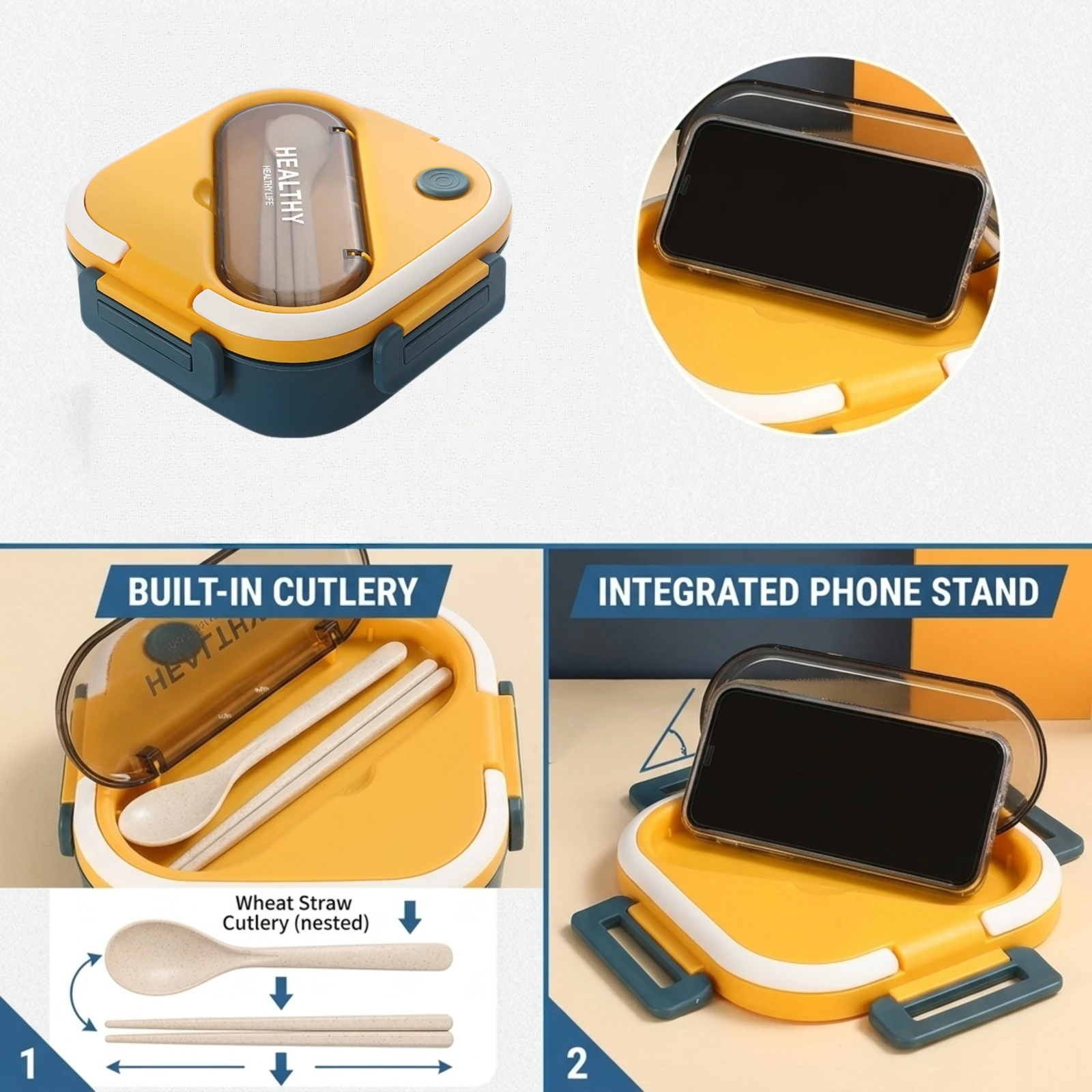 Lunch Box 1300ml Square Japanese Style Lunch Box With Handle And Cutlery 3 Compartments Microwavable Student Office Picnic Box