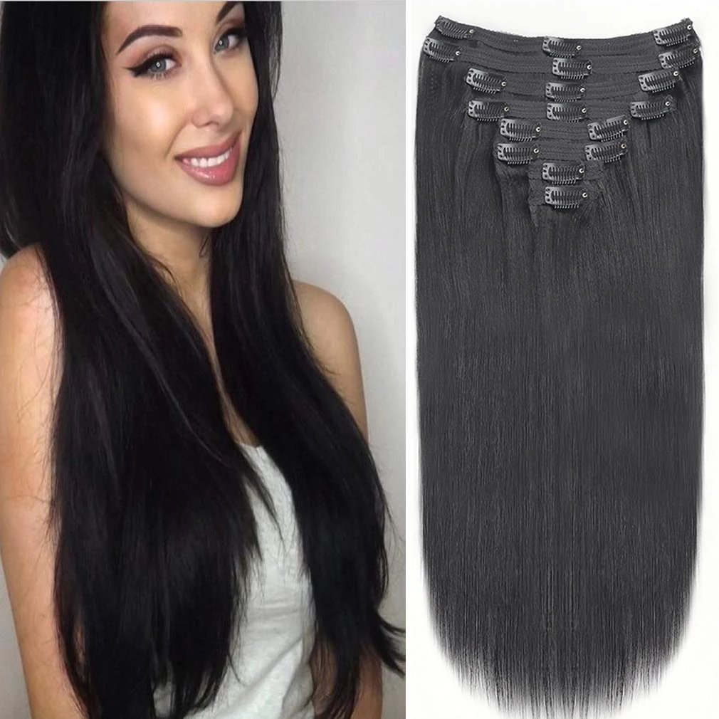 Clipe reto em extensões de cabelo humano para mulheres, extensão dupla de trama, preto natural, cabelo 100% humano com 18 clipes