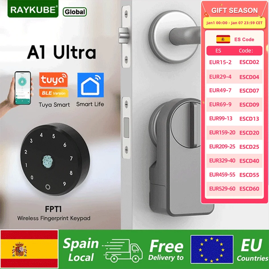 RAYKUBE A1 Ultra Tuya Bluetooth serrure de porte intelligente mot de passe clavier d'empreintes digitales FPT1 Tuya APP déverrouiller livraison depuis l'espagne à l'ue